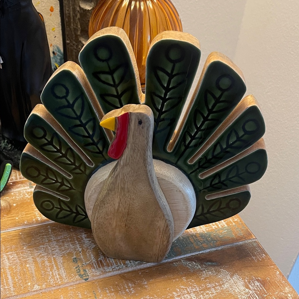 Festive Wooden Turkey Decor - Green and Natural